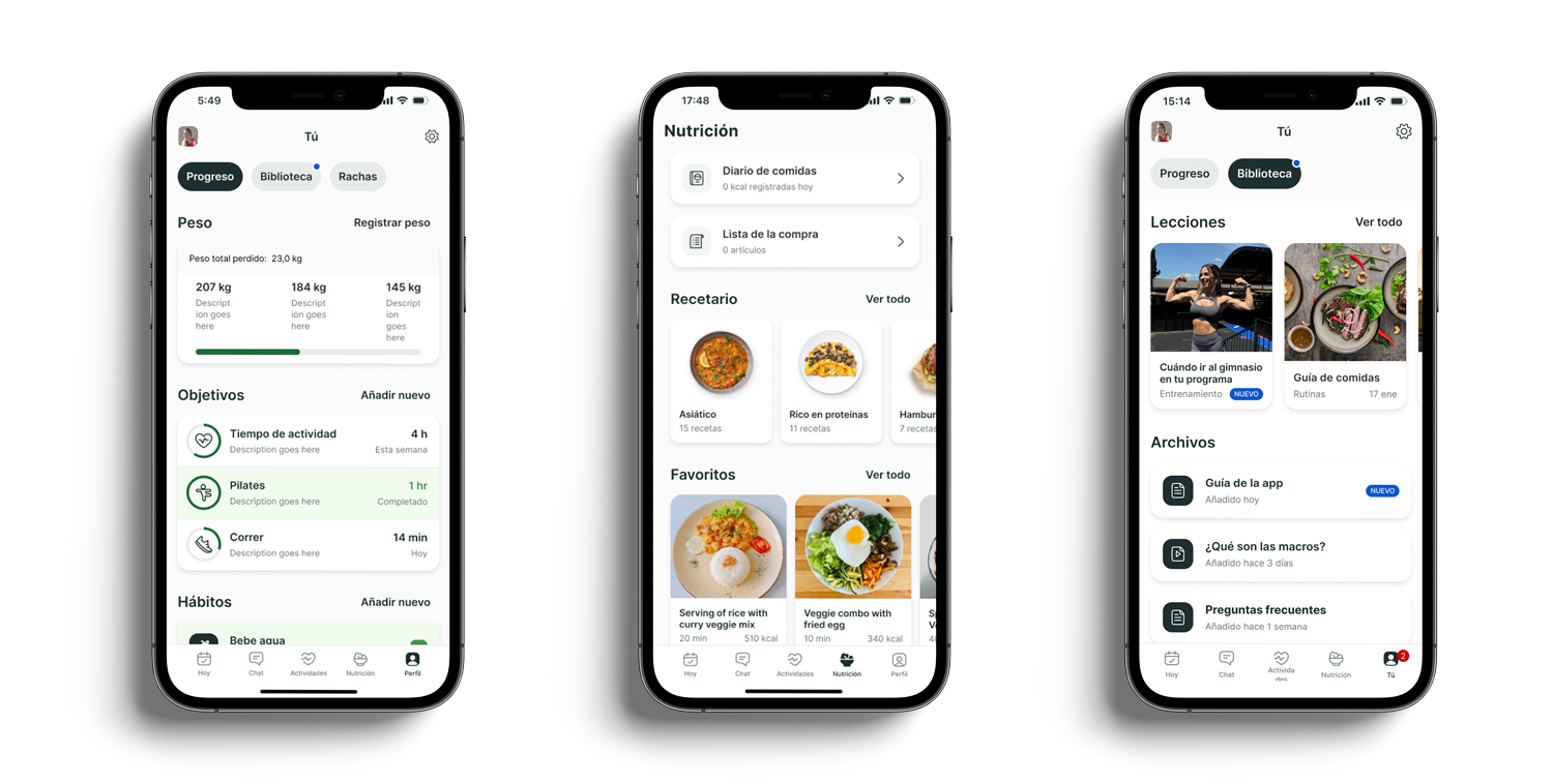 Un mockup de la app de coaching mostrando las funciones.